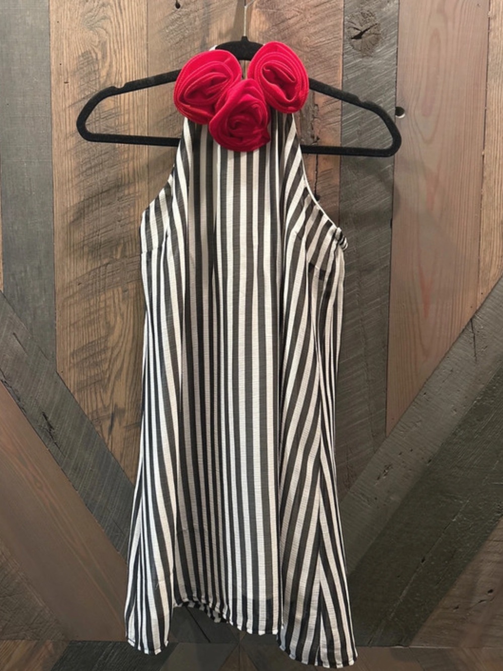 Judith March Black & White Striped Halter Dress with Red Rosette Neck